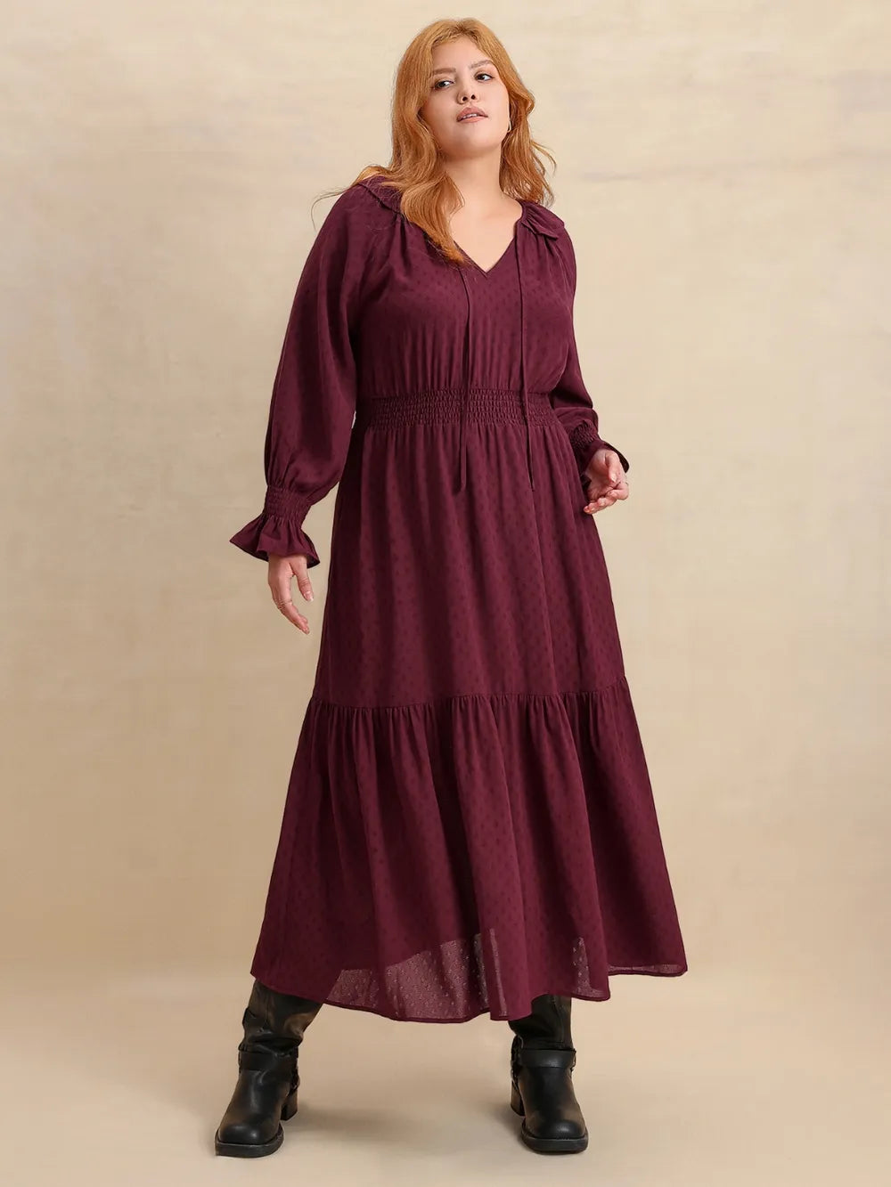 Plus Size Swiss Dot Tie Neck Flounce Sleeve Maxi Dress | Maxi Dresses Daverri Fashions