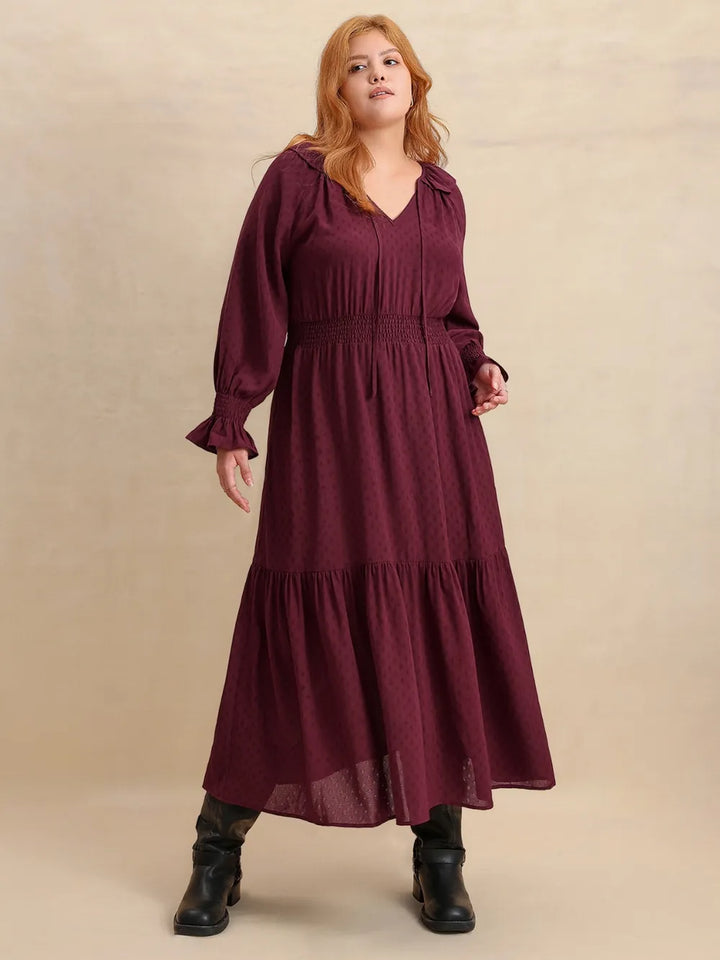 Plus Size Swiss Dot Tie Neck Flounce Sleeve Maxi Dress | Maxi Dresses Daverri Fashions