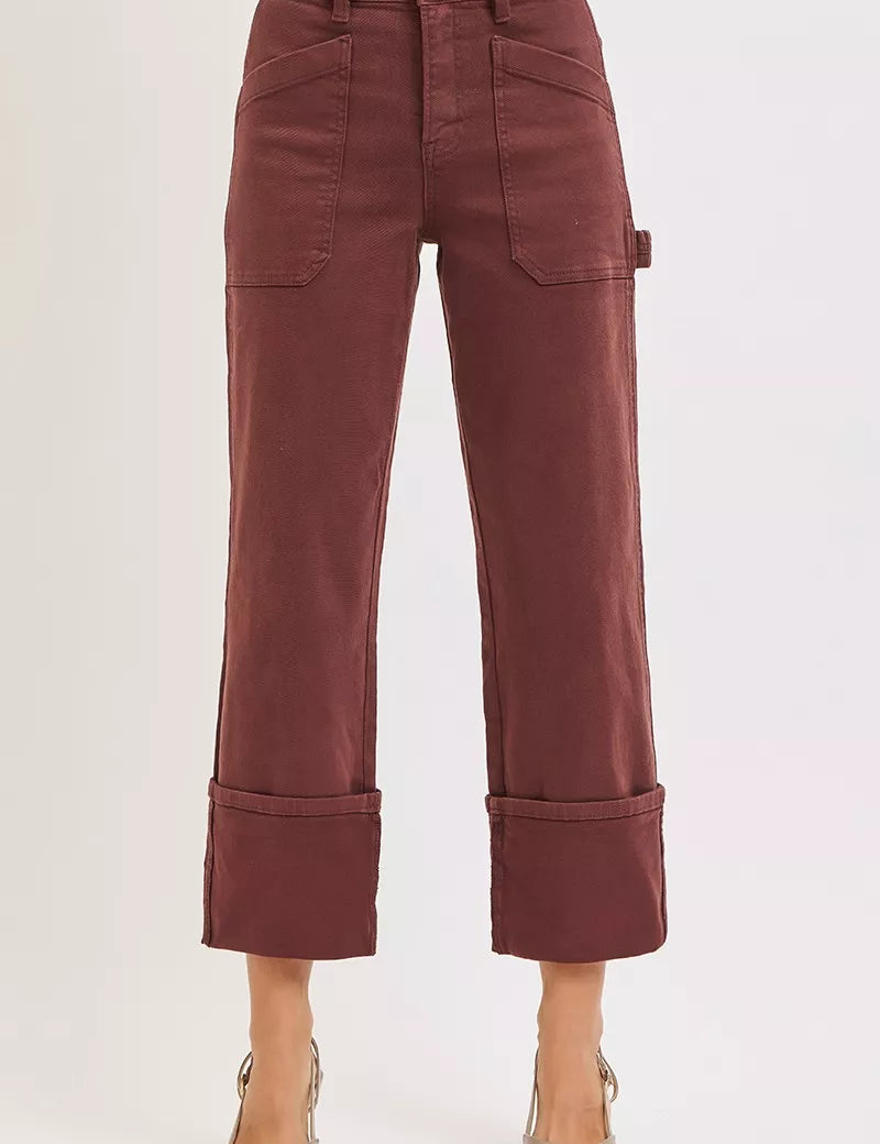 CHOCO BROWN RISEN Full Size High Rise Wide Straight Cuffed Patch Jeans Plus Size | Jeans Daverri Fashions