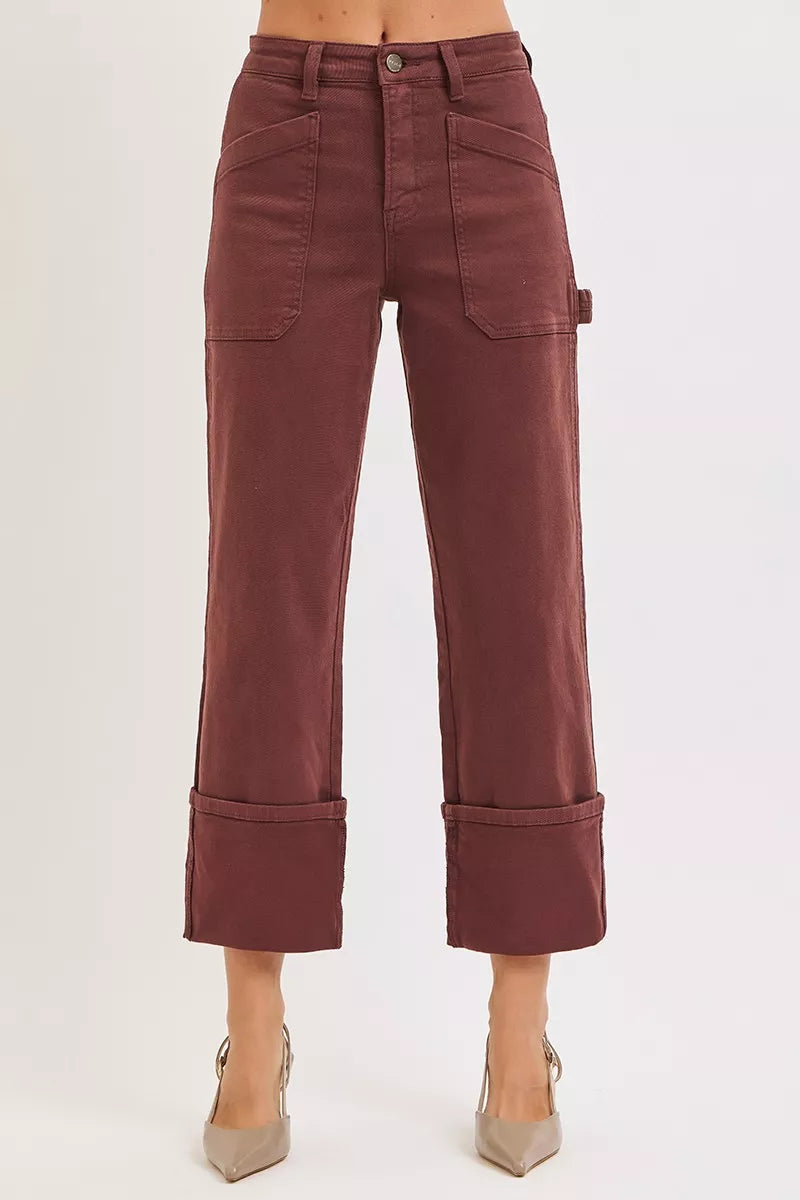 CHOCO BROWN RISEN Full Size High Rise Wide Straight Cuffed Patch Jeans Plus Size | Jeans Daverri Fashions