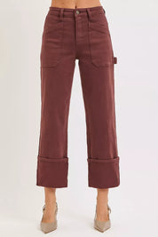 CHOCO BROWN RISEN Full Size High Rise Wide Straight Cuffed Patch Jeans Plus Size | Jeans Daverri Fashions