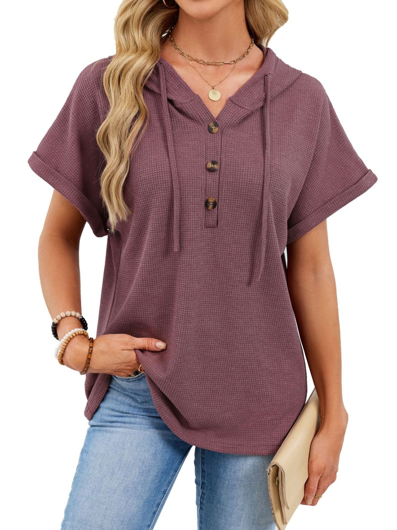 Daverri casual waffle knit mauve button detail hooded top