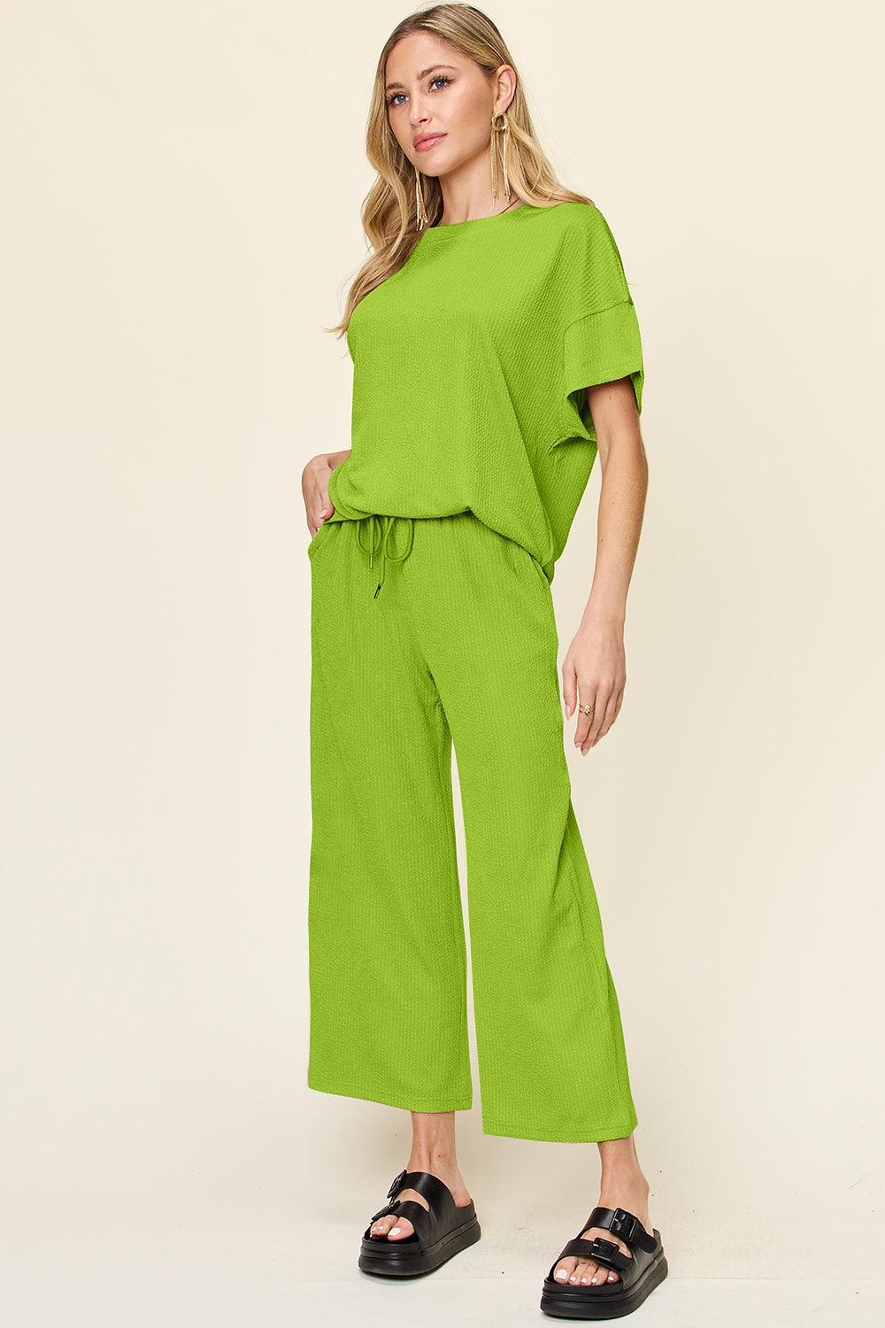 Double Take Full Size Texture Round Neck Short Sleeve T-Shirt and Wide Leg Pants Pants Sets