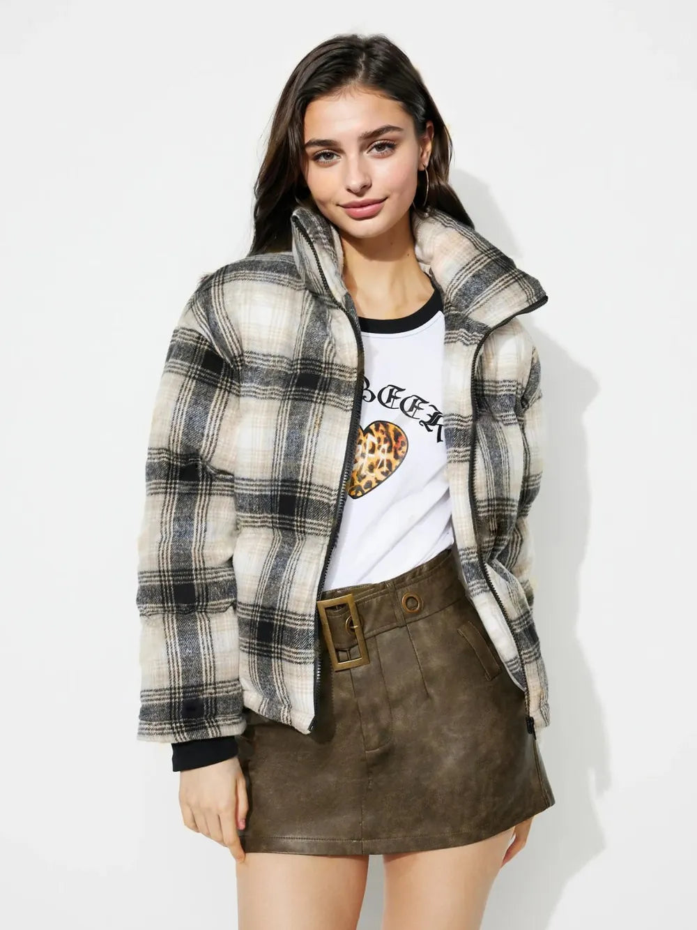 Plaid Zip Up Long Sleeve Jacket | Jackets Daverri Fashions
