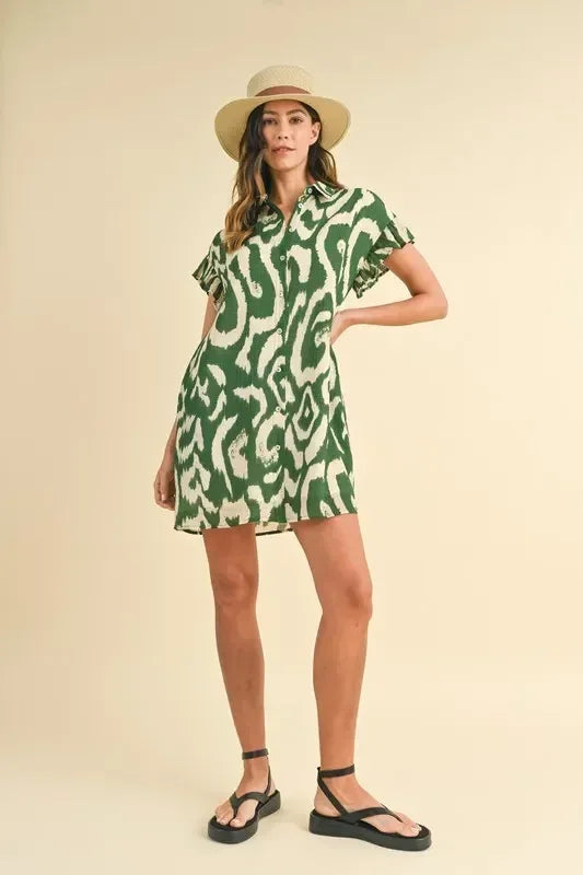 Annie Wear Abstract Printed Frill Sleeve Shirt Mini Dress - DAVERRI FASHIONS