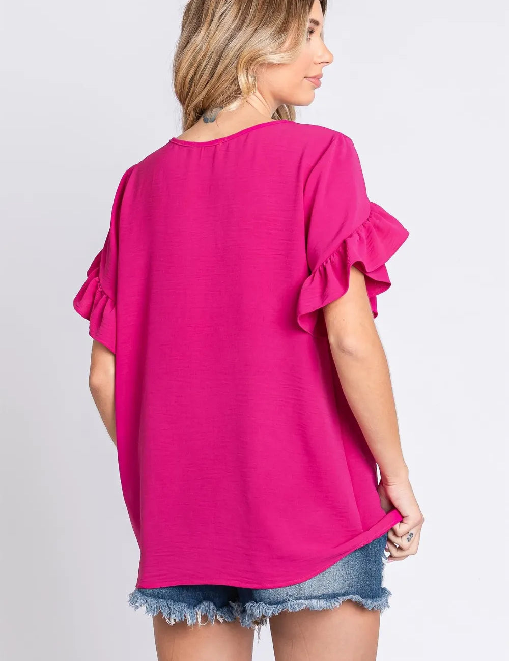 GeeGee V-Neck Ruffle Trim Short Sleeve Blouse | Daverri Fashions