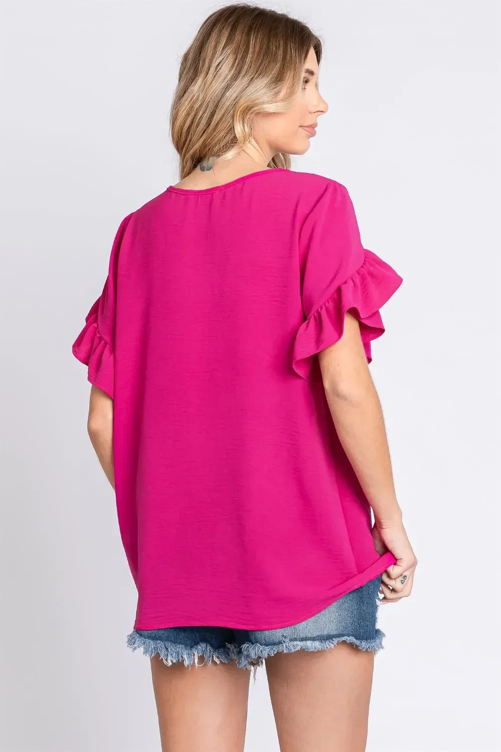 GeeGee V-Neck Ruffle Trim Short Sleeve Blouse - DAVERRI FASHIONS