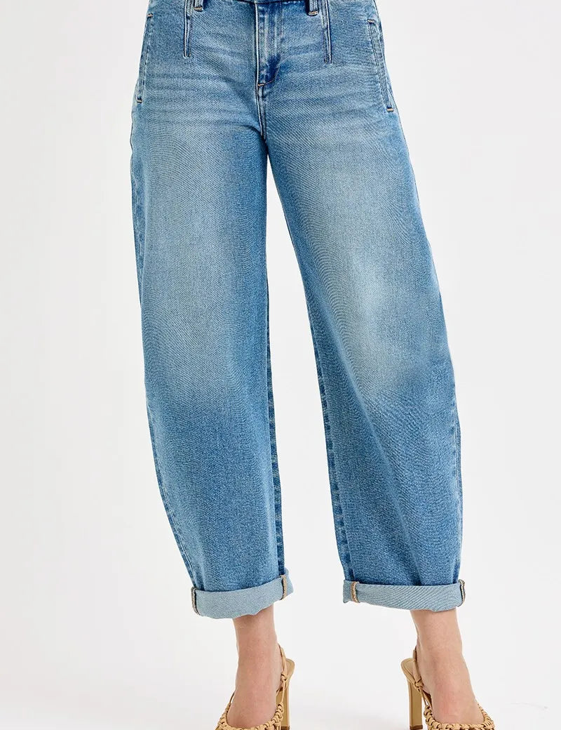 RISEN Full Size Mid Rise Fit Barrel Roll Up Jeans | Jeans Daverri Fashions