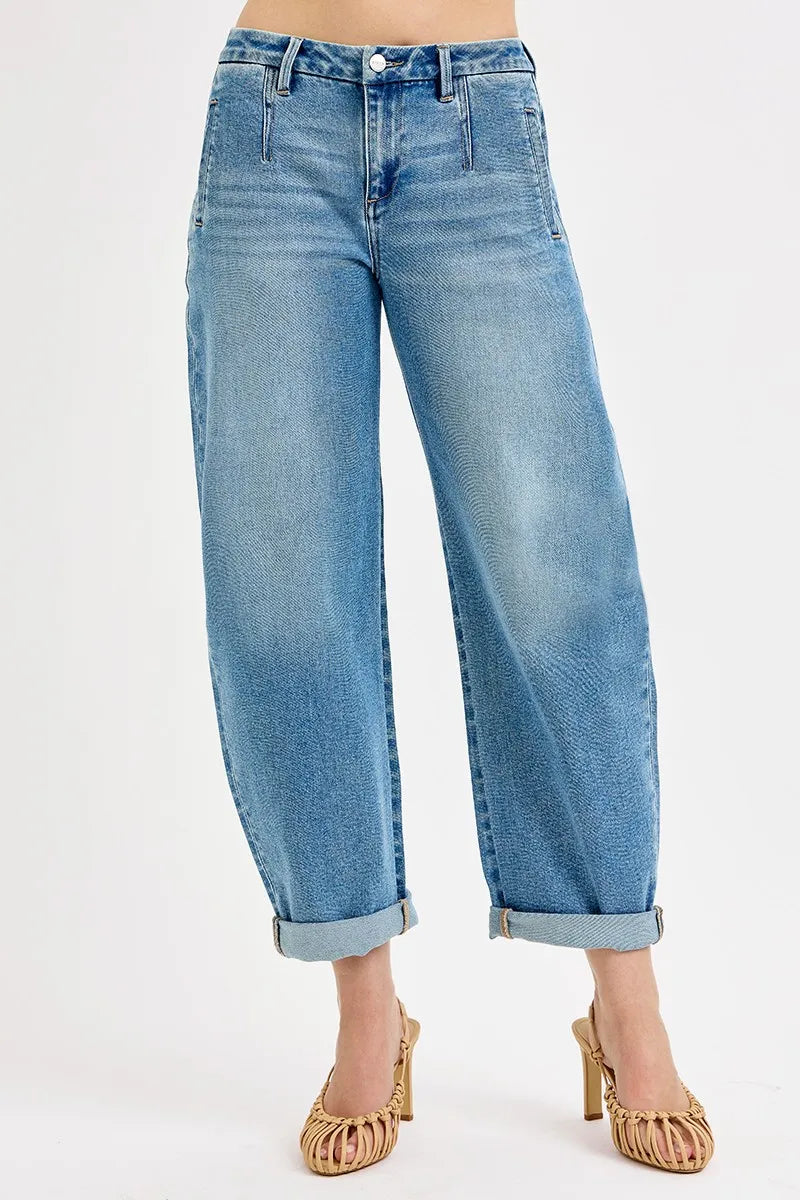 RISEN Full Size Mid Rise Fit Barrel Roll Up Jeans Jeans