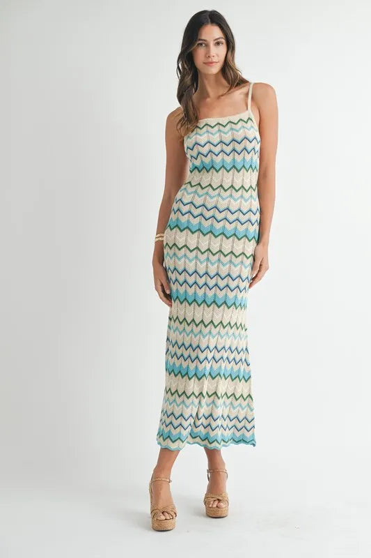 MABLE Lightweight Pointelle Chevron Knit Maxi Dress Aqua