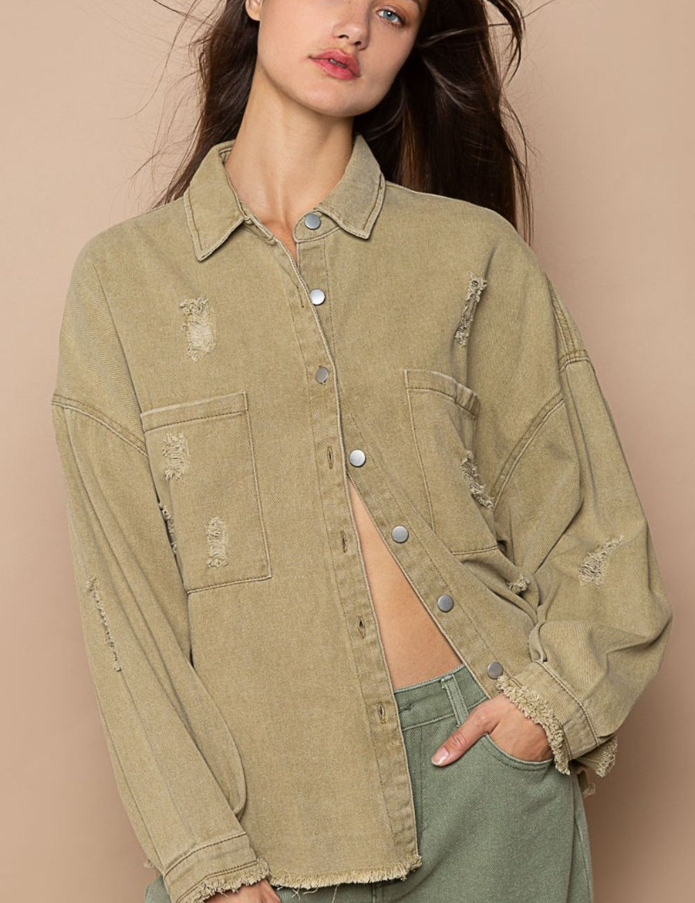 POL Button Down Raw Hem Distressed Shacket Mocha Herb