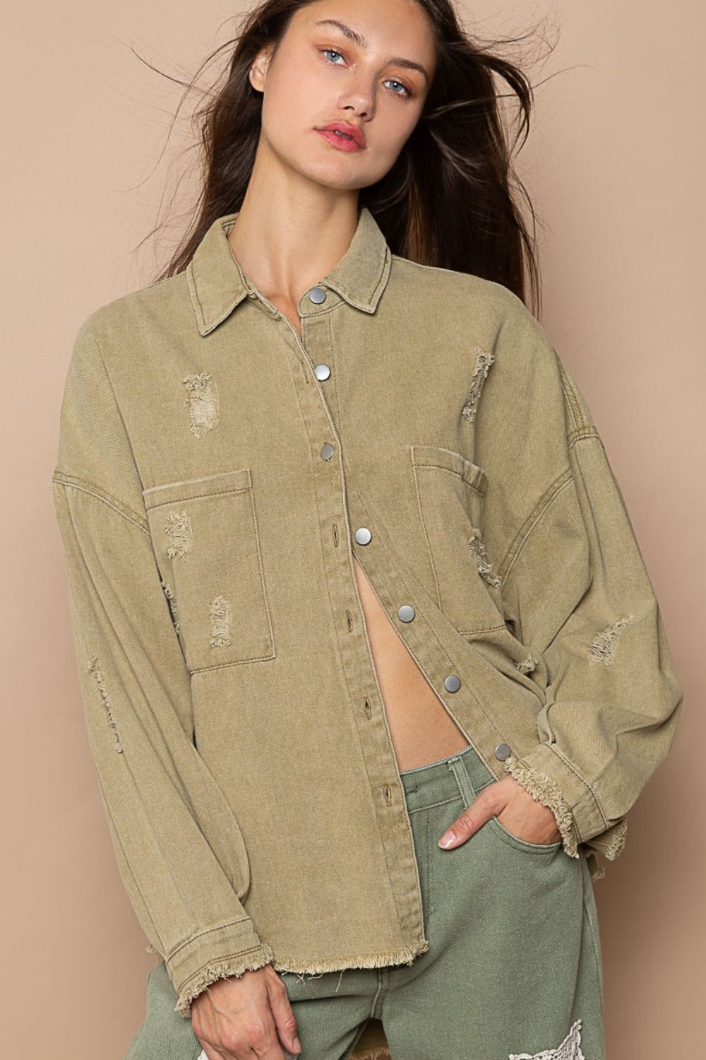 POL Button Down Raw Hem Distressed Shacket Mocha Herb