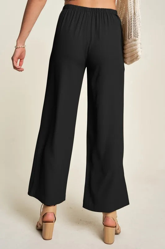 Black Davi & Dani wide-leg mid-rise pants with elastic waistband
