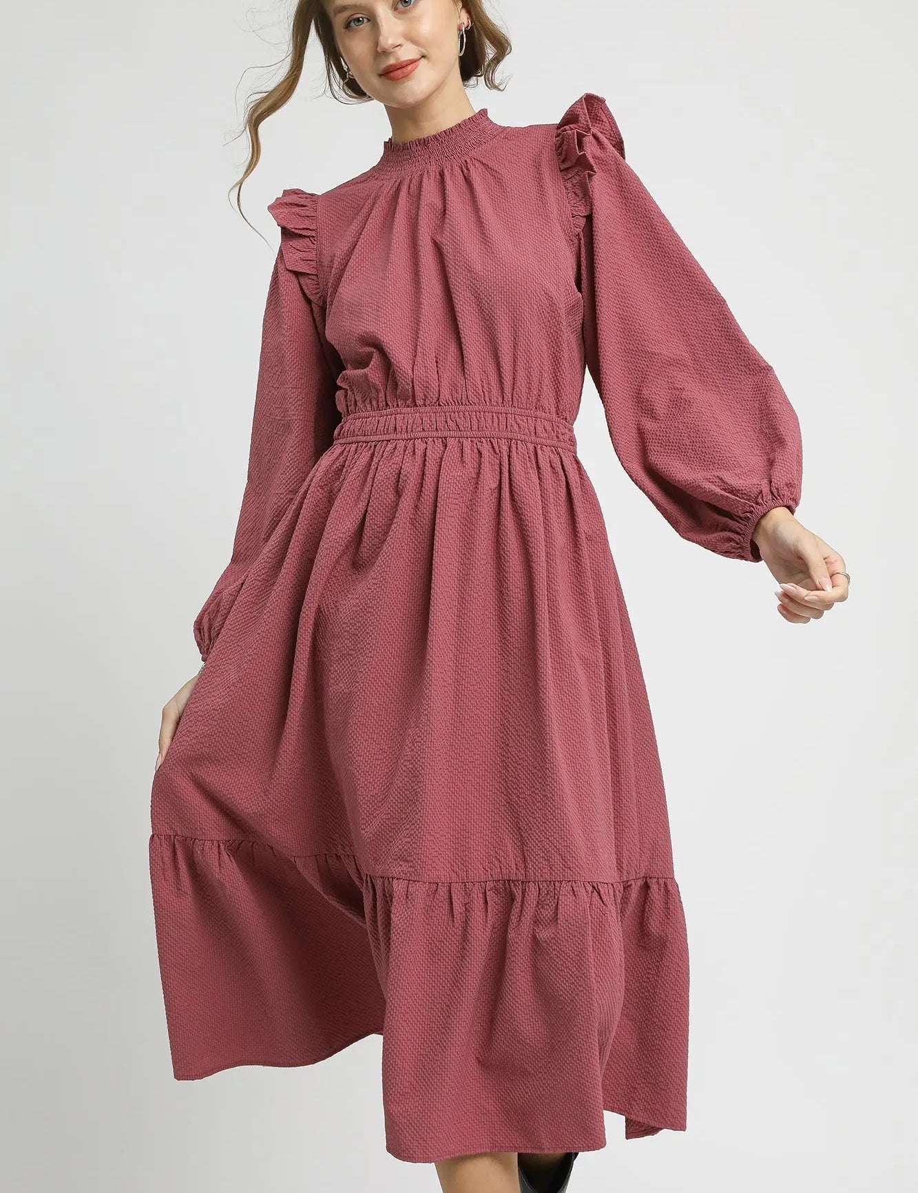 Umgee Textured Midi Dress with Ruffle Shoulder Detail | Daverri Fashions