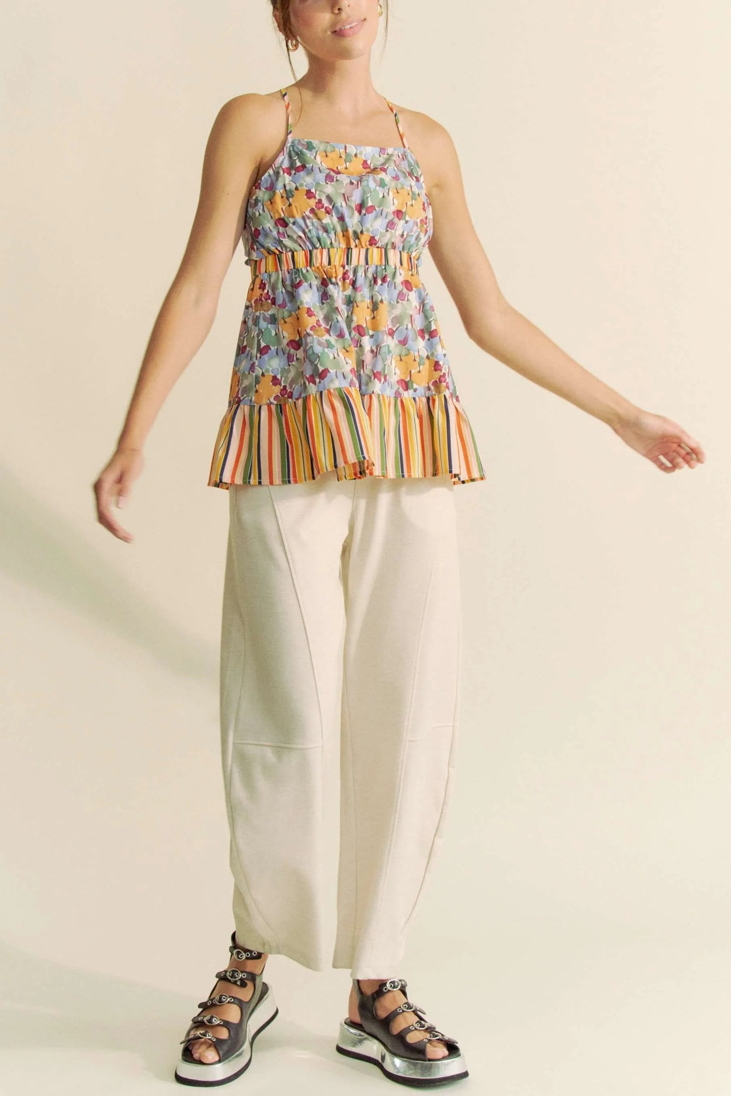 Davi & Dani floral smocked halter top with ruffled multicolored striped hem