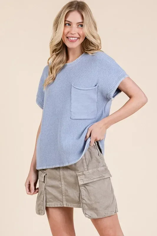 Lime 'N' Chili Solid Cap Sleeve Stitch Edge Knit Sweater - DAVERRI FASHIONS