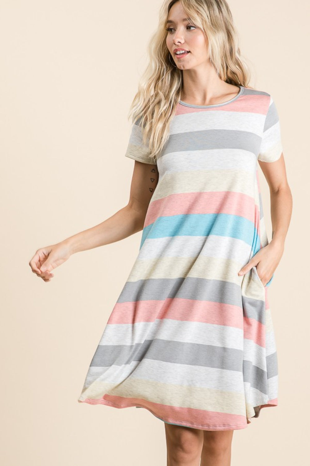 BOMBOM Striped Short Sleeve Dress with Pockets Stripe