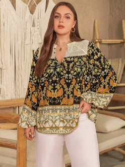 Plus size black floral print notched blouse with orange green patterns and lace collar cuffs