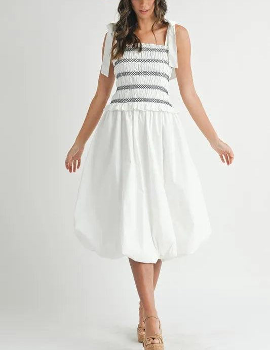 MABLE Smocked Bodice Bubble Midi Dress | Daverri Fashions