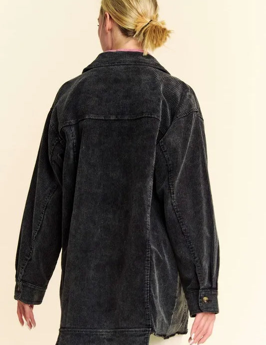 Davi & Dani Washed Corduroy Raw Hem Button Up Jacket | Daverri Fashions