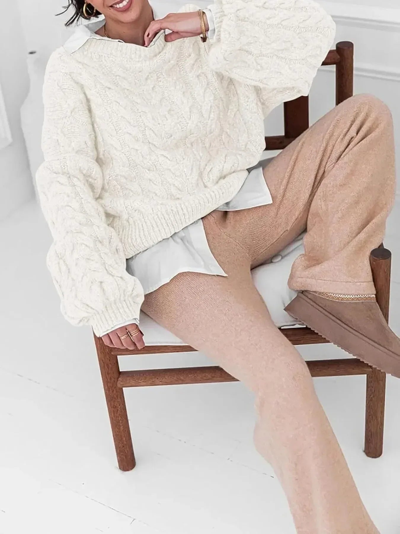 Cable Knit Long Sleeve Sweater - DAVERRI FASHIONS