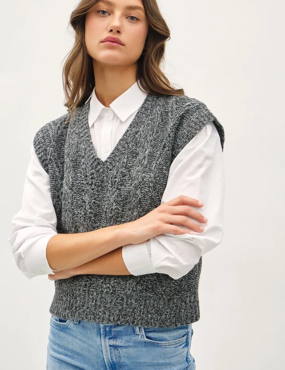 Charcoal Be Cool Cable Knit V-Neck Sweater Vest | Sweaters Daverri Fashions