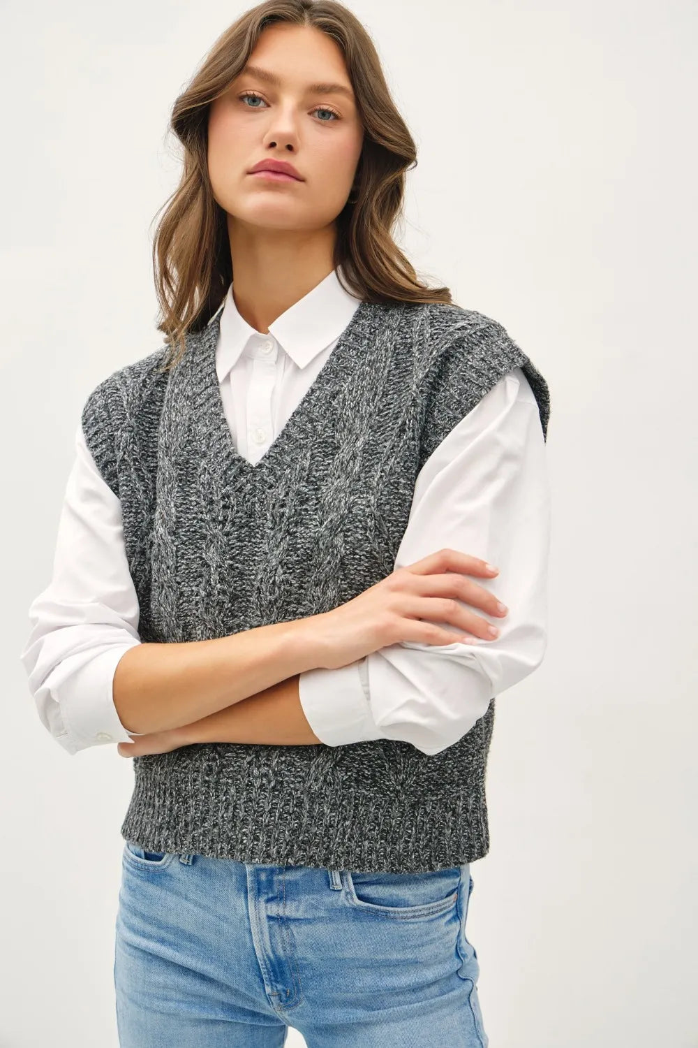 Charcoal Be Cool Cable Knit V-Neck Sweater Vest | Sweaters Daverri Fashions