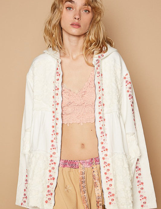 POL Embroidered Lace Patch Zip Up Hooded Jacket Ivory