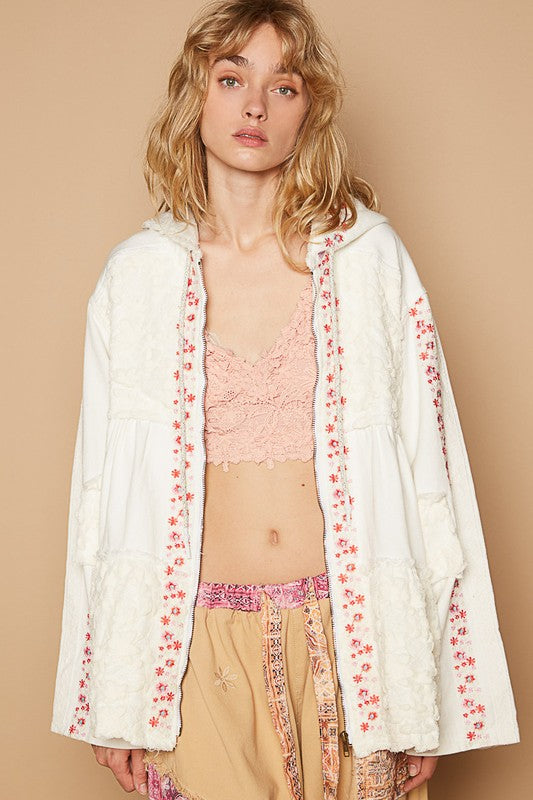 POL Embroidered Lace Patch Zip Up Hooded Jacket Ivory