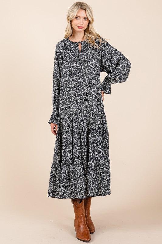 Mittoshop Printed Tie Neck Flounce Sleeve Midi Dress - DAVERRI FASHIONS