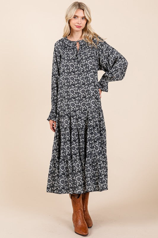 Mittoshop Printed Tie Neck Flounce Sleeve Midi Dress Mid Dresses