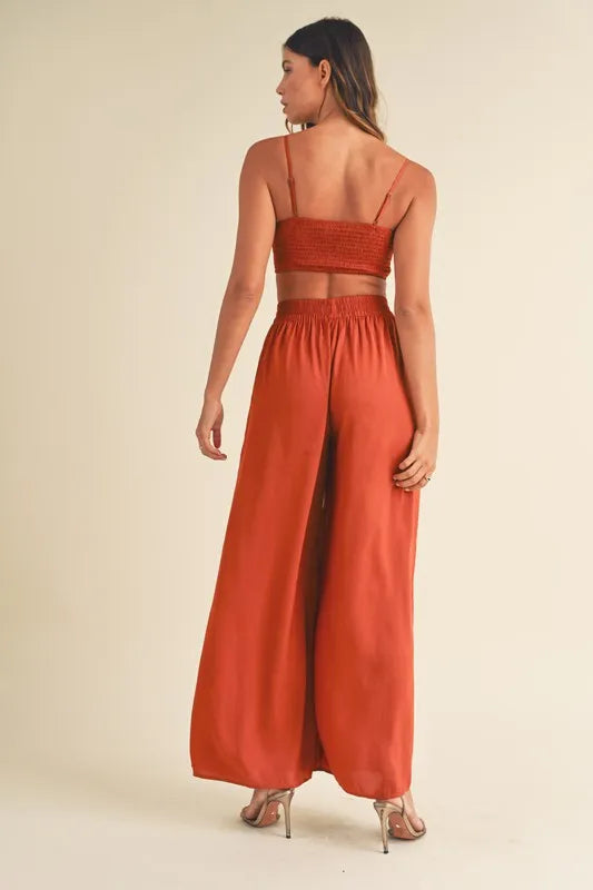 MABLE Smocked Bralette Crop Top and Wide Leg Pants Set