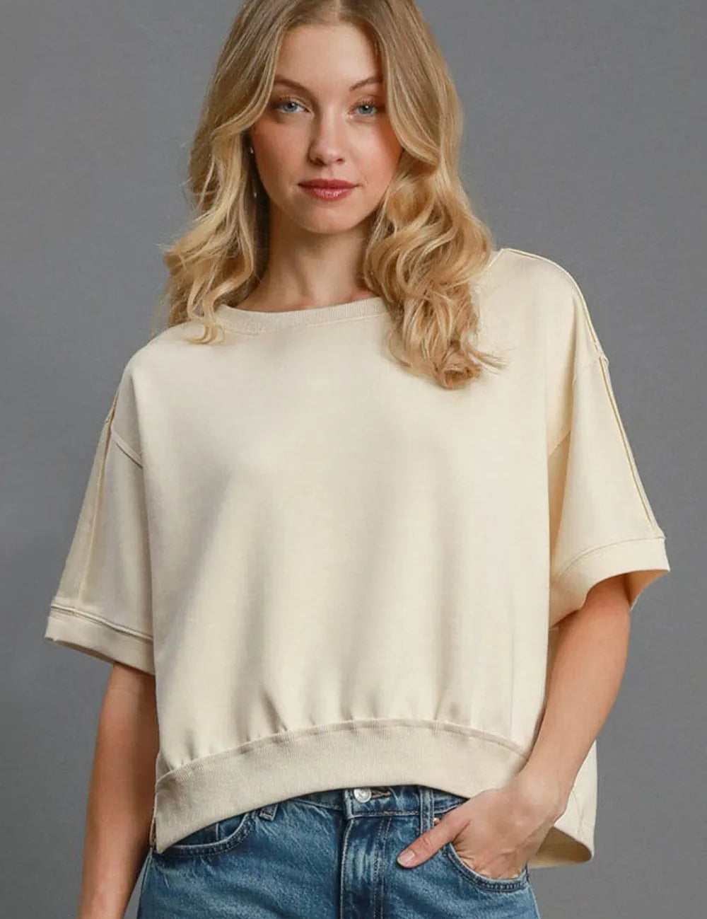 ECRU Umgee Full Size Lightweight Cropped Sweatshirt Plus Size | Daverri Fashions