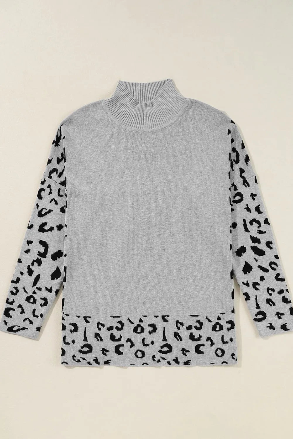 Slit Leopard Mock Neck Dropped Shoulder Sweater | Sweaters Daverri Fashions