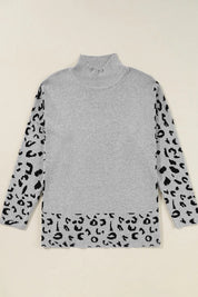 Slit Leopard Mock Neck Dropped Shoulder Sweater | Sweaters Daverri Fashions