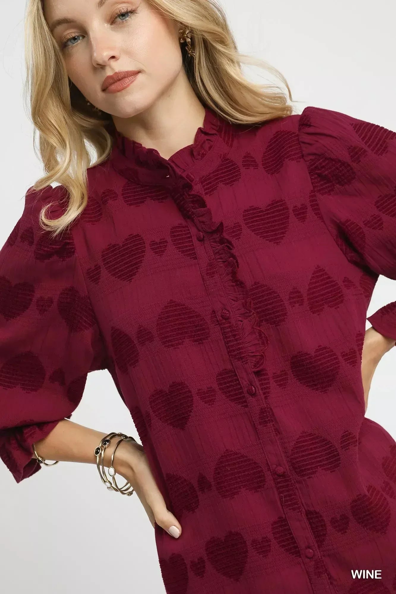 Umgee Heart Jacquard Ruffle Trim Shirt - DAVERRI FASHIONS