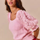 Pink SO ME rosette sleeves square neck knit sweater with ruffled sleeves