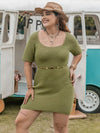 Plus size olive green textured knit mini dress with square neckline and belt