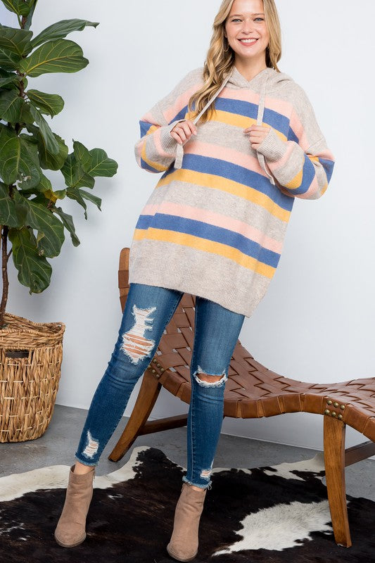 Plus Striped Loose Fit Pullover Hoodie Sweater Tops