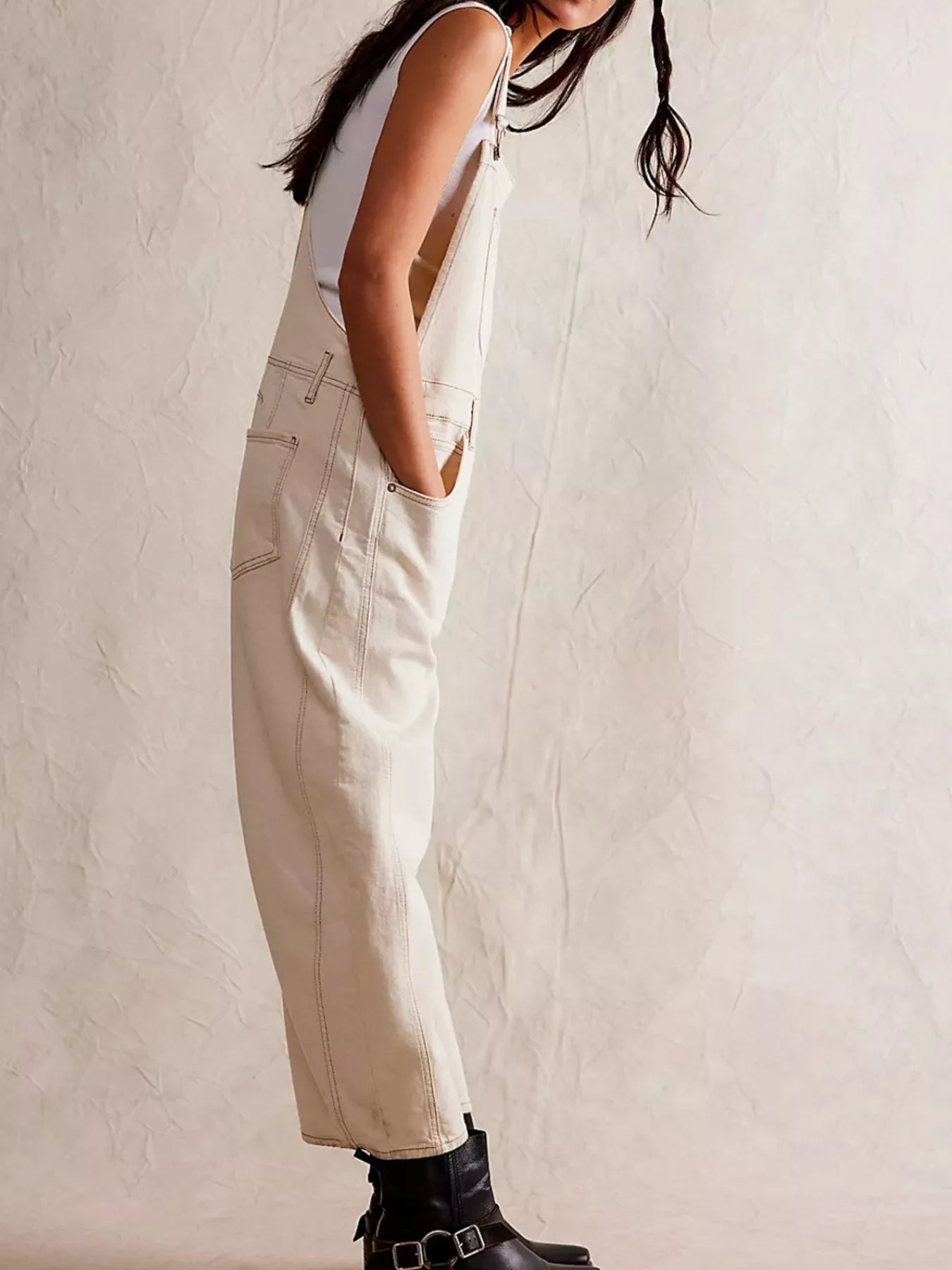 Wide strap wide leg cream denim overalls relaxed fit back view