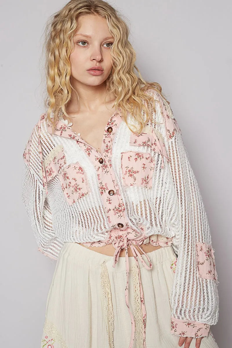 POL Vintage Washed Crochet Hoodie Jacket With Patchwork OFF WHITE PINK MULTI Jackets