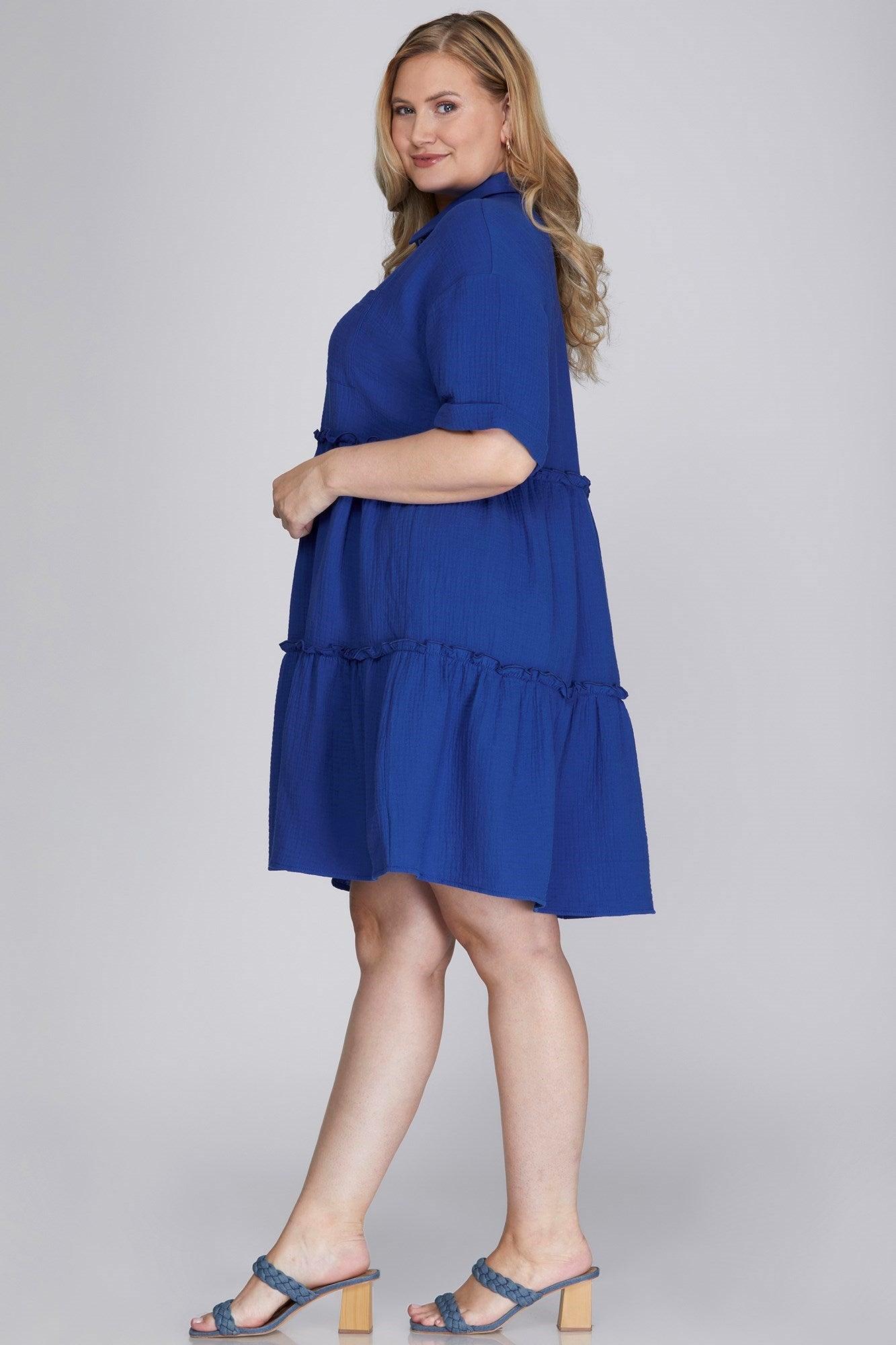 She + Sky Full Size Button Front Frill Tiered Mini Dress Plus Size