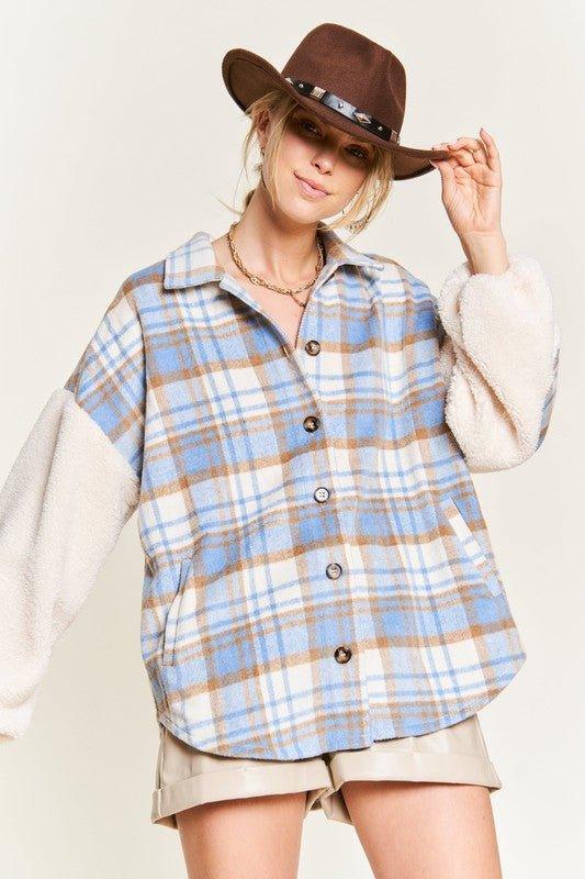 Jade by Jane Plaid Teddy Sleeve Shacket Shackets