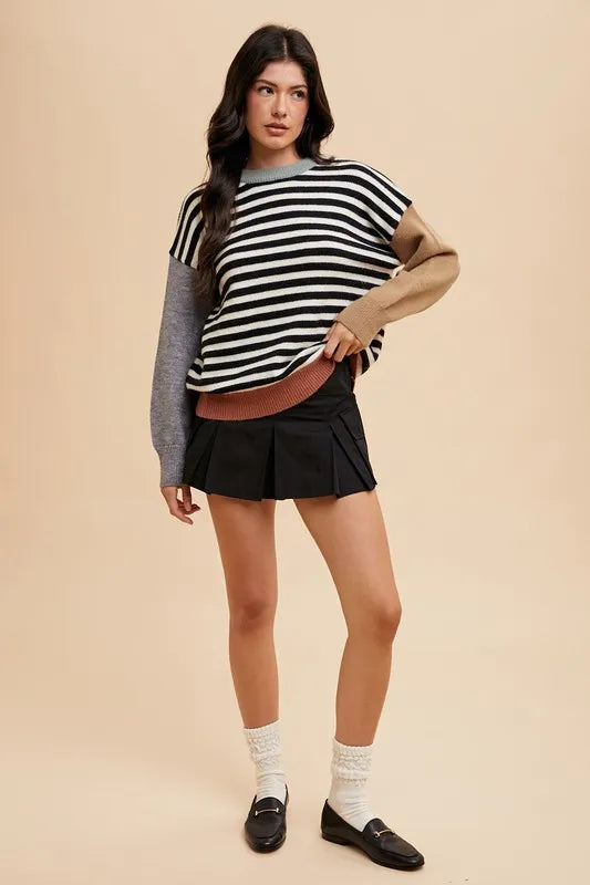 Annie Wear Striped Color Block Round Neck Sweater | Sweaters Daverri Fashions