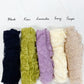 Five lace samples in black, kiwi green, lavender, ivory, and taupe for Jade by Jane floral print top