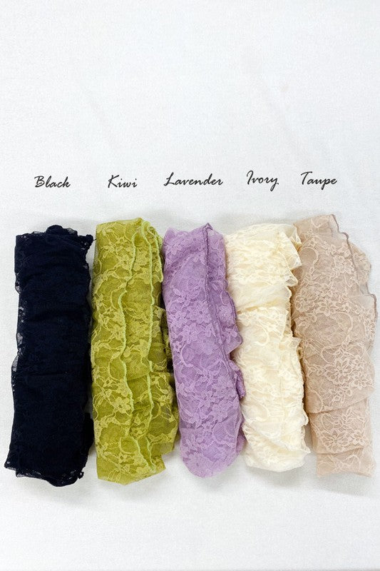 Five lace samples in black, kiwi green, lavender, ivory, and taupe for Jade by Jane floral print top