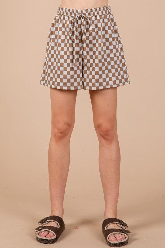Ces Femme Checkered Round Neck Top and Shorts Set Short Sets