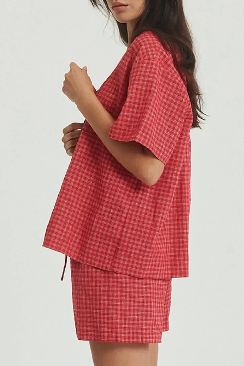 Plaid Tied Scoop Neck Short Sleeve Top and Drawstring Shorts Set - DAVERRI FASHIONS