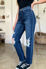 Judy Blue Full Size High Waist Rigid Magic Heavy Destroy Straight Jeans | Daverri Fashions