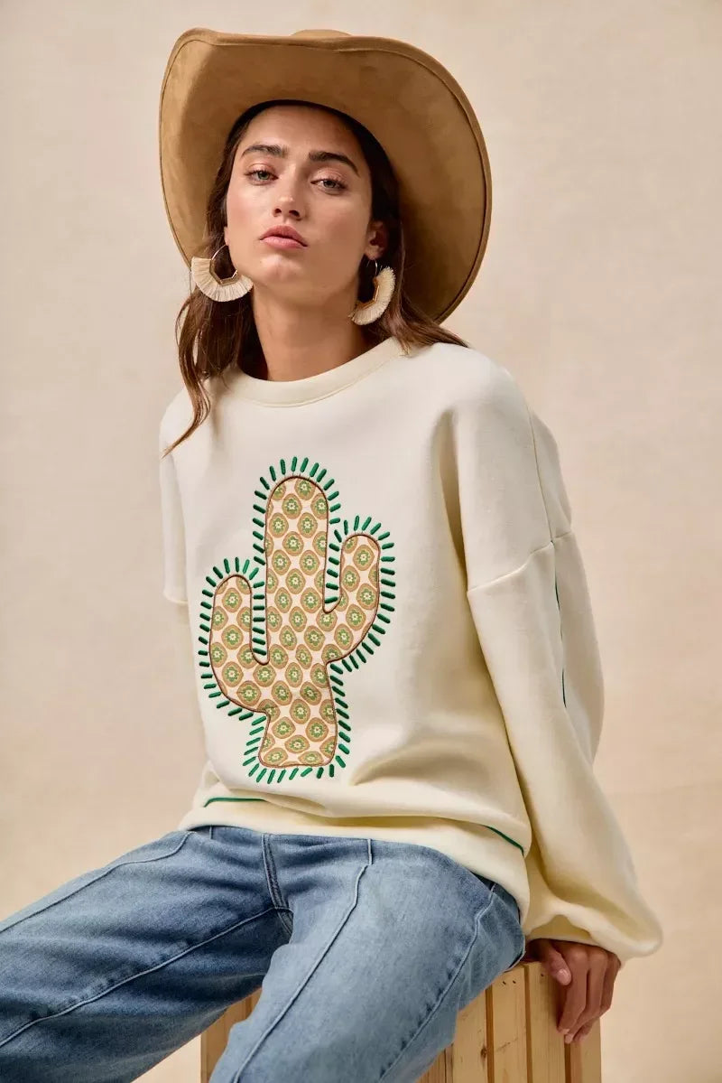 BiBi Cactus Embroidered Fleece Sweatshirt - DAVERRI FASHIONS